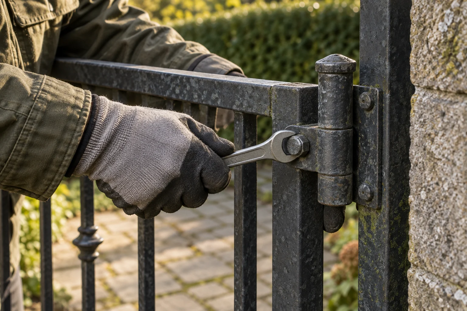 Hände justieren mit einem Schraubenschlüssel ein Gartentor
