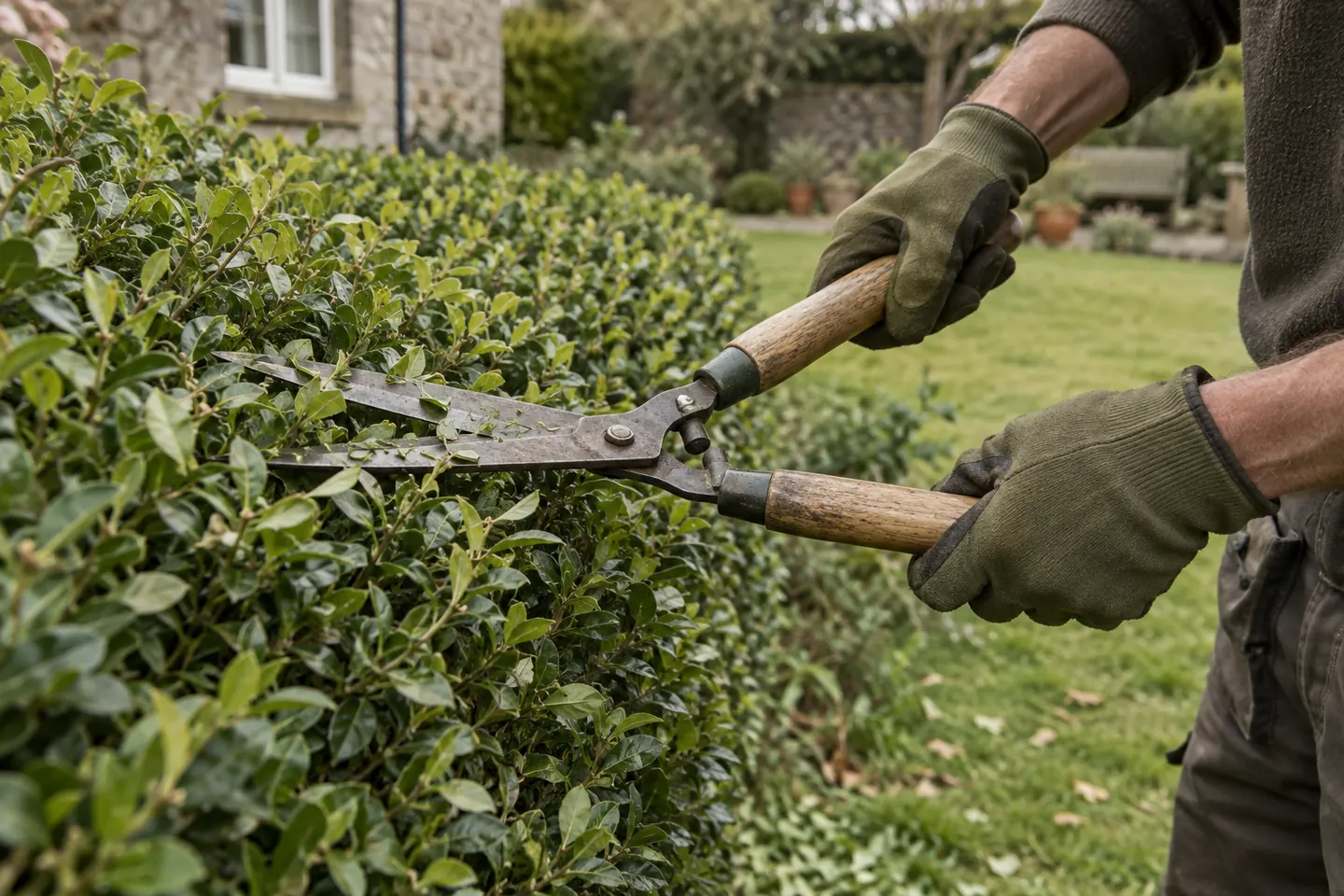 Hände schneiden eine Hecke mit einer Heckenschere